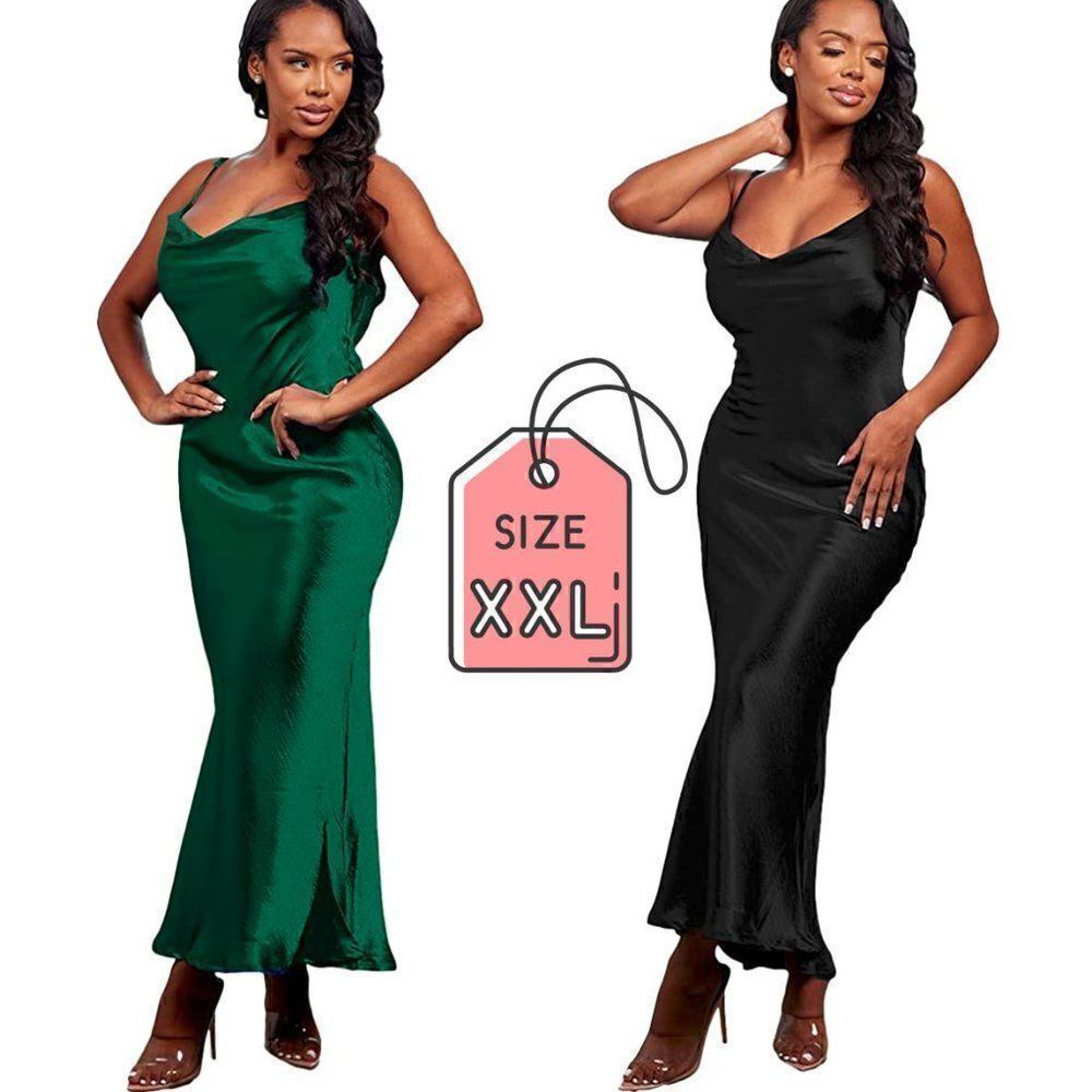 Satin Spaghetti Strap Cowl Neck Backless Tie Rope Mermaid Green Black Dress XXL